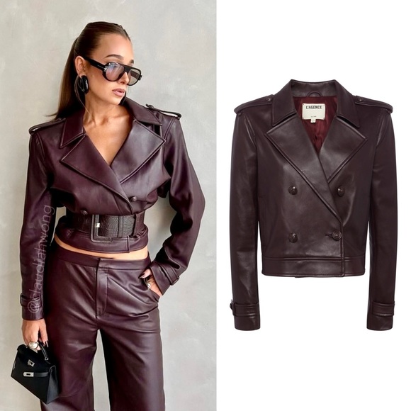 L’AGENCE Xoey Cropped Leather Trench Coat in Dark Syrah